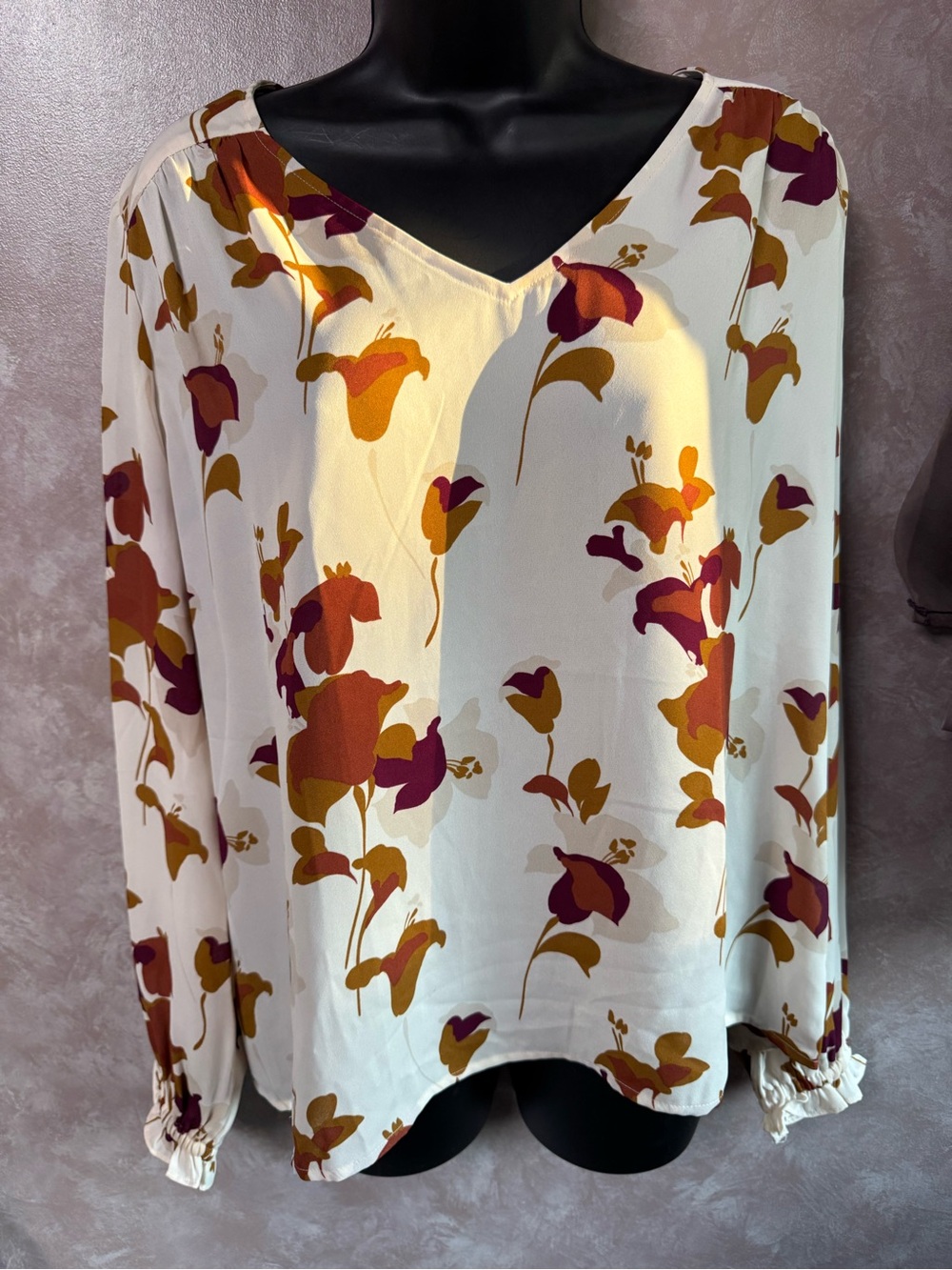 Ann Taylor Factory Cream Floral V-Neck Blouse with Mustard & Burgundy Accents